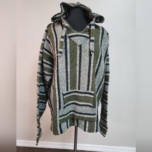 90s Surfer Drug Rug Hoodie Green Striped Baja Sweater size xl